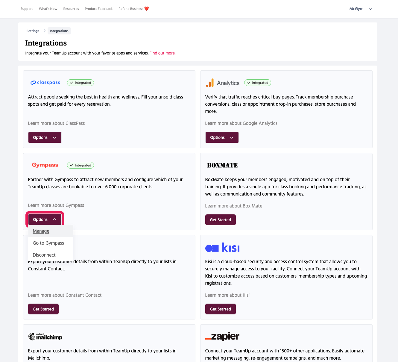 The integrations page on TeamUp, with the Gympass options menu open.